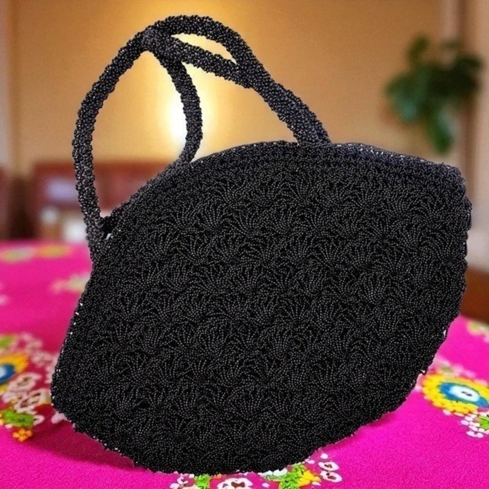 Vintage Unbranded Black Beaded Small Evening Purse Special Occasion Goth